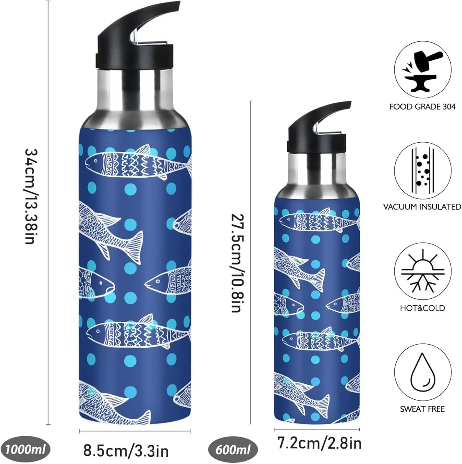 Fishes Sports Water Bottle with Straw, 22oz BPA Free Stainless Steel Vacuum Insulated Bottle for Gym Fitness Outdoor