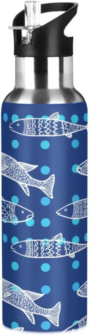 Fishes Sports Water Bottle with Straw, 22oz BPA Free Stainless Steel Vacuum Insulated Bottle for Gym Fitness Outdoor