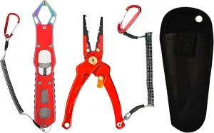 Fishing Pliers Saltwater, Split Ring Pliers Hook Remover with Safety Lock, Fishing Tools with Sheath and Lanyard, Fishing Gifts for Men (red)