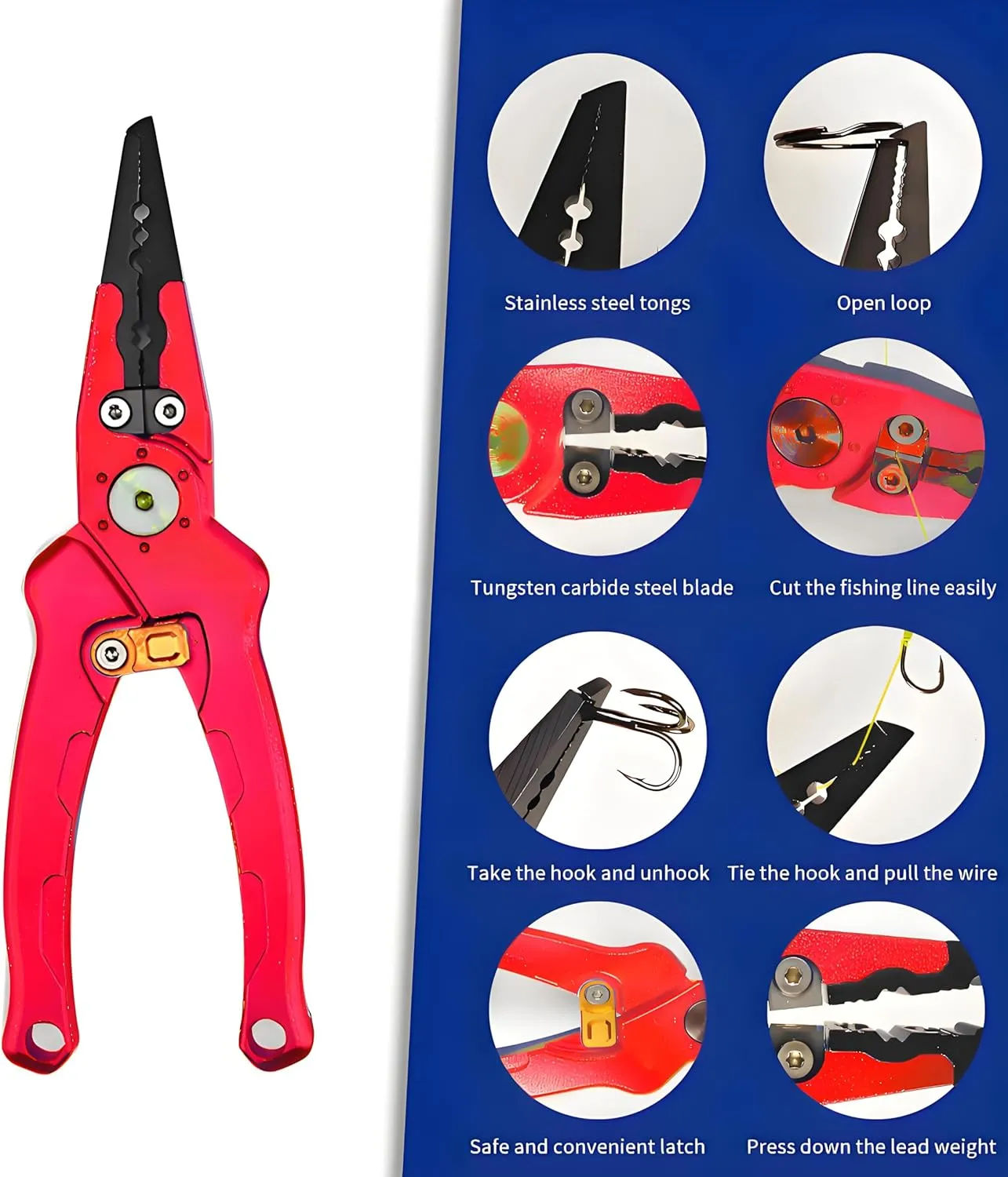 Fishing Pliers Saltwater, Split Ring Pliers Hook Remover with Safety Lock, Fishing Tools with Sheath and Lanyard, Fishing Gifts for Men (red)