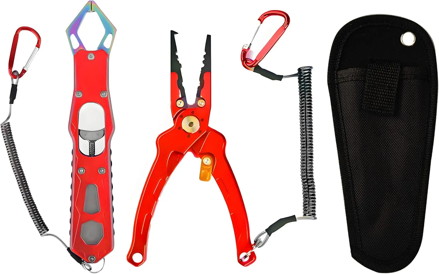 Fishing Pliers Saltwater, Split Ring Pliers Hook Remover with Safety Lock, Fishing Tools with Sheath and Lanyard, Fishing Gifts for Men (red)