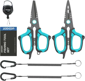 Fishing Scissors Line Cutter - Saltwater Fishing Pliers Kit with Retractors, Serrated Blades for Braid Line, Multifunction Split Ring Pliers Hook Remover Tools Gifts for Fisherman