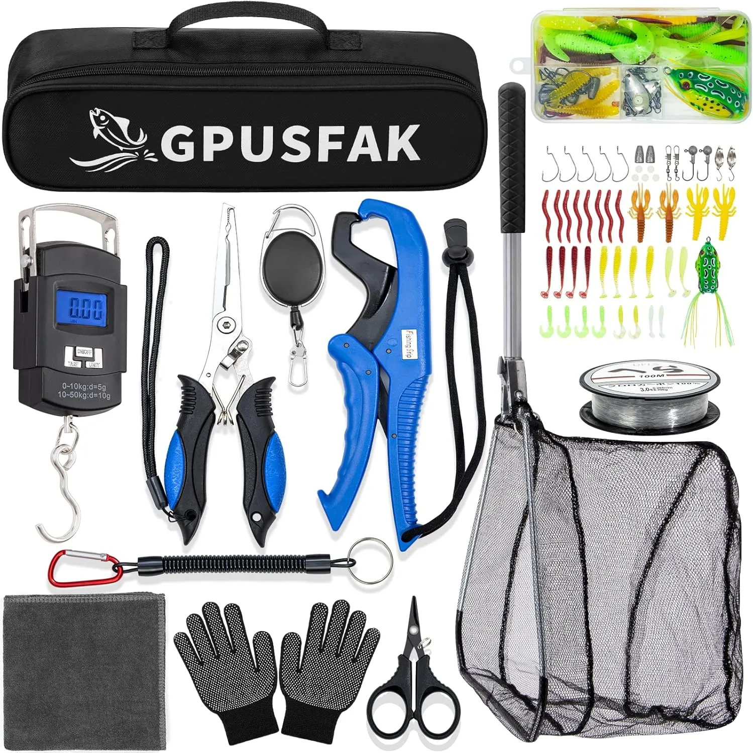 Fishing Tool Kit, 54 Pieces Fishing Gear, Fishing Pliers with Lanyard, Fillet Knife, Fish Lip Gripper, Fly Ice Fishing Net, Anti-Slip Gloves
