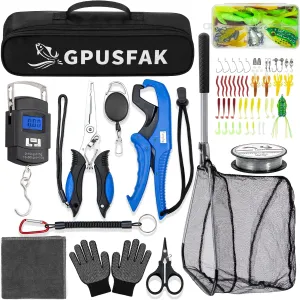 Fishing Tool Kit, 54 Pieces Fishing Gear, Fishing Pliers with Lanyard, Fillet Knife, Fish Lip Gripper, Fly Ice Fishing Net, Anti-Slip Gloves