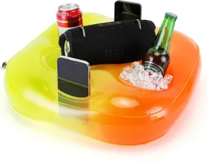 Floating Drink Holder for Pool - Orange Square Design with Multiple Compartments, Holds Snacks, Phone, Bluetooth Speaker - Durable PVC Pool Accessories for Beach, Hot Tub, Party