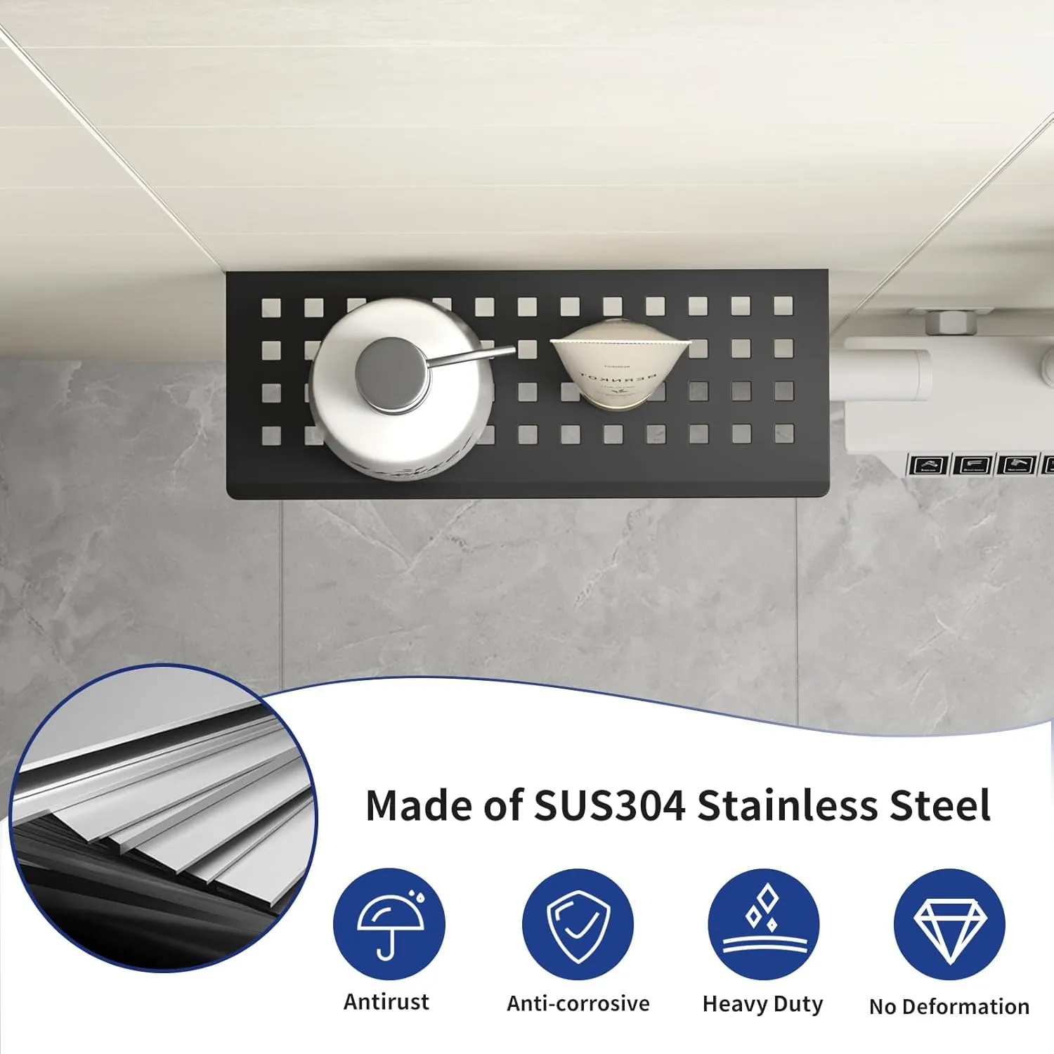 Floating Shower Shelf, 10" Matte Black 304 Stainless Steel Recessed Wall Shelf for Lavatory, Rectangular Designed Heavy Duty Bathroom Shelf for Tiled Wall Remodel and Renovation