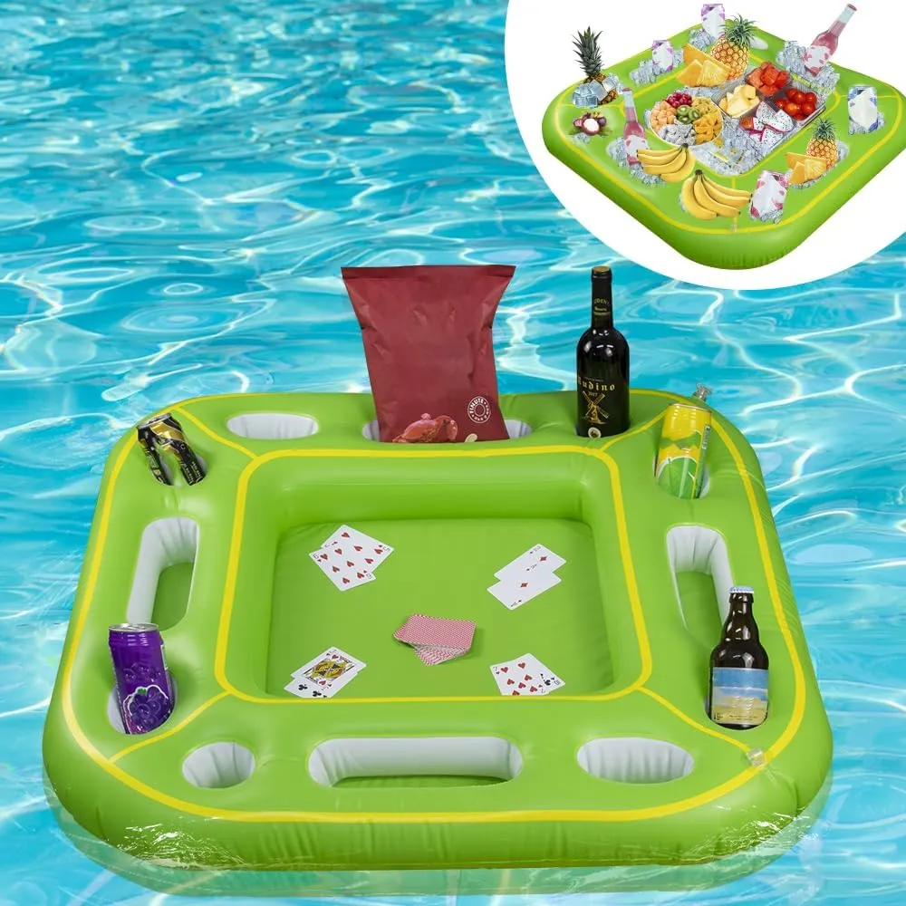 Floating Table for Pool Game with Waterproof Playing Cards, Inflatable Pool Party Tray Float for Drink Snack Holder, Floating Card Game Table, Pool Accessories for Hot Tub, Beach Summer Parties Green