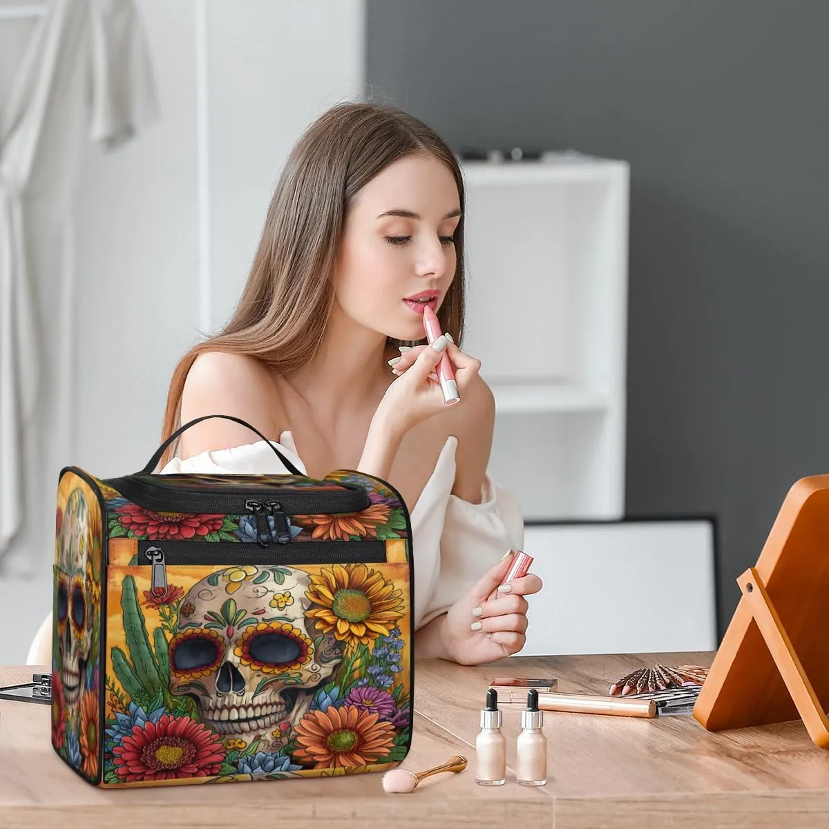 Floral Sugar Skull Travel Toiletry Bag for Men and Women, Large Hanging Makeup Bag Organizer Toiletries Bag for Travel, Halloween Cosmetic Bag with Handle