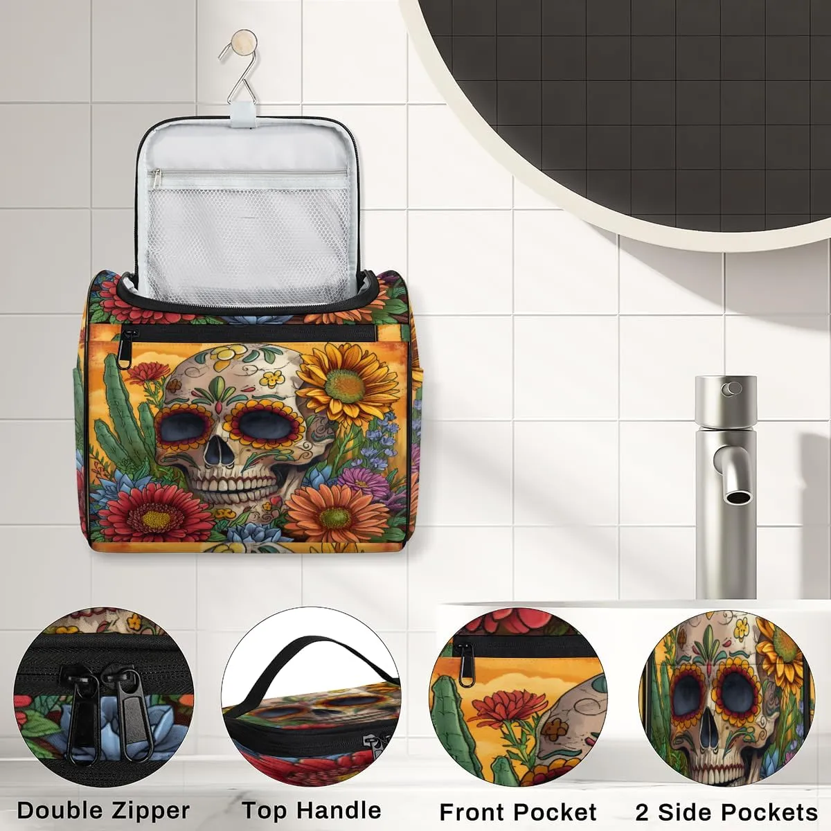 Floral Sugar Skull Travel Toiletry Bag for Men and Women, Large Hanging Makeup Bag Organizer Toiletries Bag for Travel, Halloween Cosmetic Bag with Handle