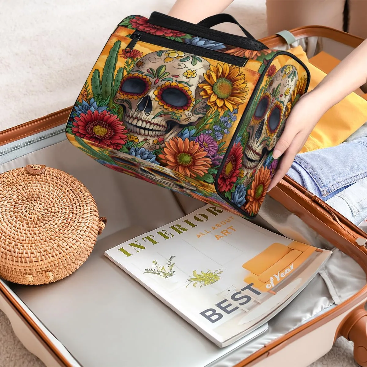 Floral Sugar Skull Travel Toiletry Bag for Men and Women, Large Hanging Makeup Bag Organizer Toiletries Bag for Travel, Halloween Cosmetic Bag with Handle