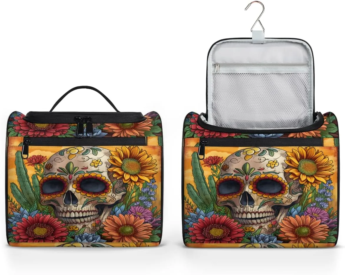 Floral Sugar Skull Travel Toiletry Bag for Men and Women, Large Hanging Makeup Bag Organizer Toiletries Bag for Travel, Halloween Cosmetic Bag with Handle