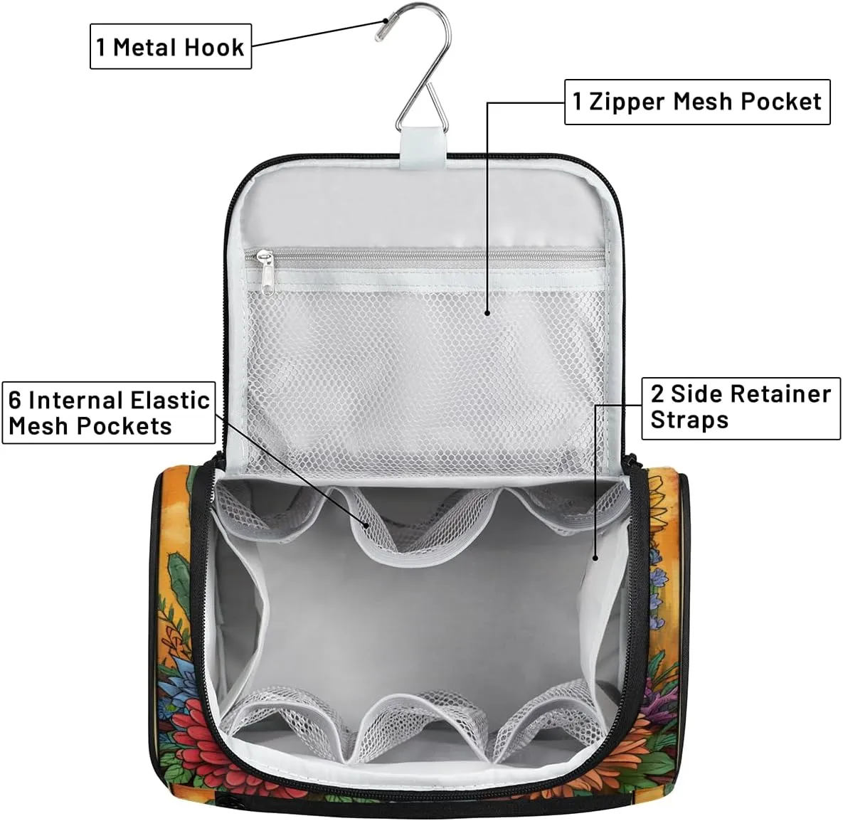Floral Sugar Skull Travel Toiletry Bag for Men and Women, Large Hanging Makeup Bag Organizer Toiletries Bag for Travel, Halloween Cosmetic Bag with Handle