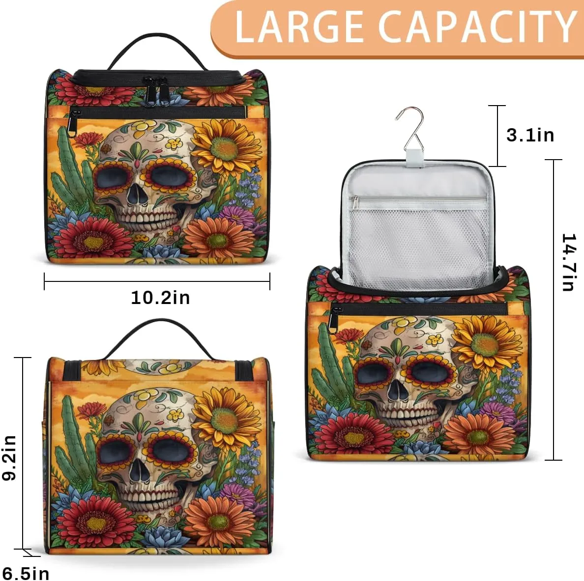 Floral Sugar Skull Travel Toiletry Bag for Men and Women, Large Hanging Makeup Bag Organizer Toiletries Bag for Travel, Halloween Cosmetic Bag with Handle