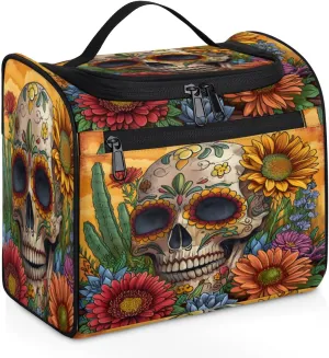 Floral Sugar Skull Travel Toiletry Bag for Men and Women, Large Hanging Makeup Bag Organizer Toiletries Bag for Travel, Halloween Cosmetic Bag with Handle