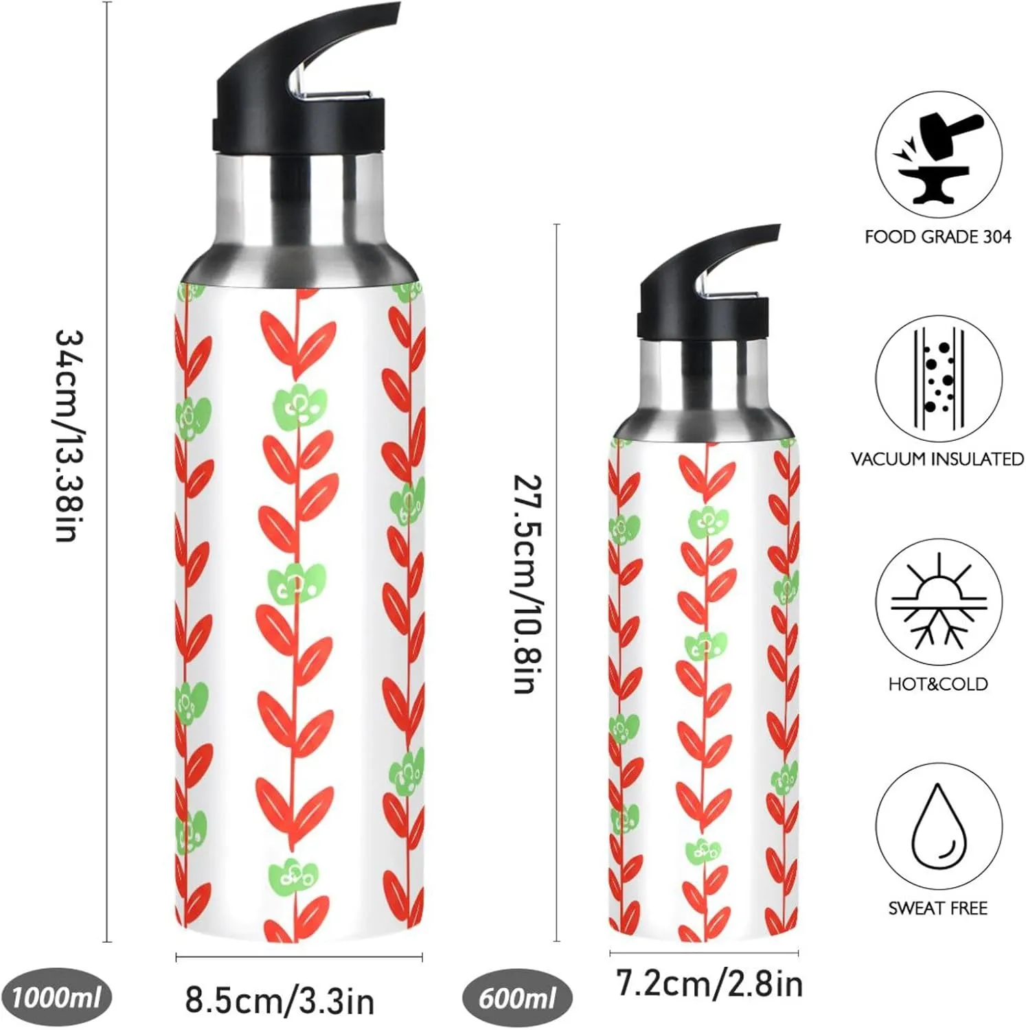 Flowering Branch Sports Water Bottle with Straw, 22oz BPA Free Stainless Steel Vacuum Insulated Bottle for Gym Fitness Outdoor