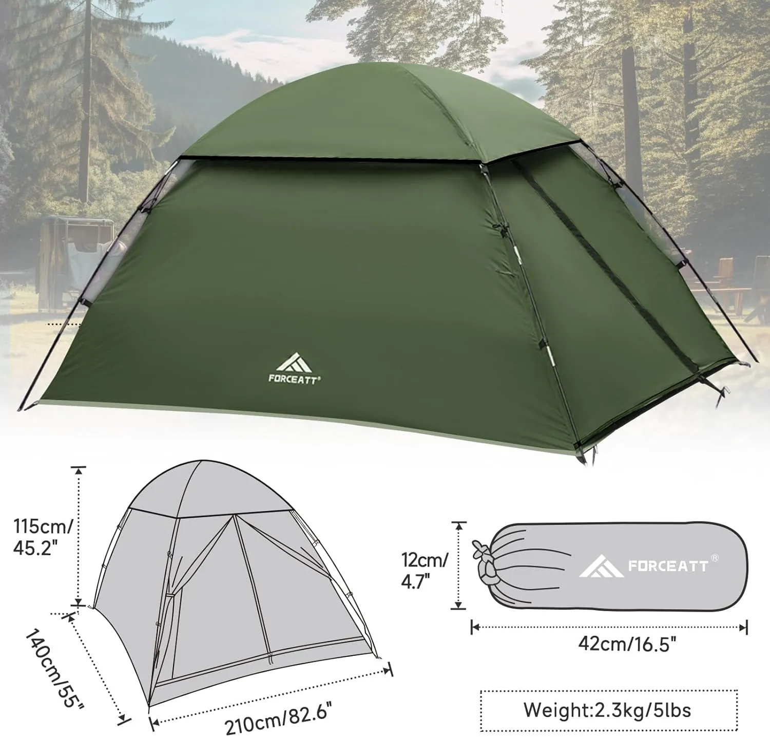 Forceatt 2 Person Backpacking Tent, Easy Setup Dome Tent, Lightweight Portable Camping Tent for Camping, Festivals, Backyard, Sleepovers and Beach