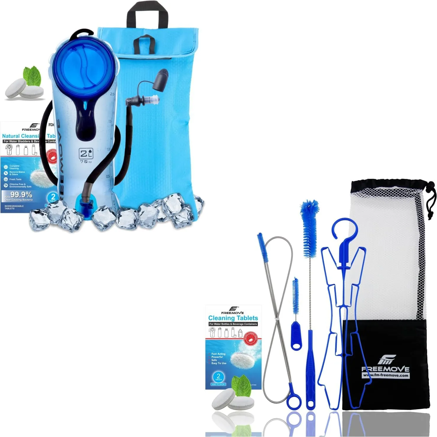 FREEMOVE 2L Hydration Bladder with Cooler Bag - BLUE   Cleaning Kit 6in1 for Cleaning & Drying the Water Bladder