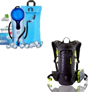 FREEMOVE 2L Hydration Bladder with Cooler Bag - BLUE   Daypack Backpack - BLACK, 10L Capacity & Many Compartments