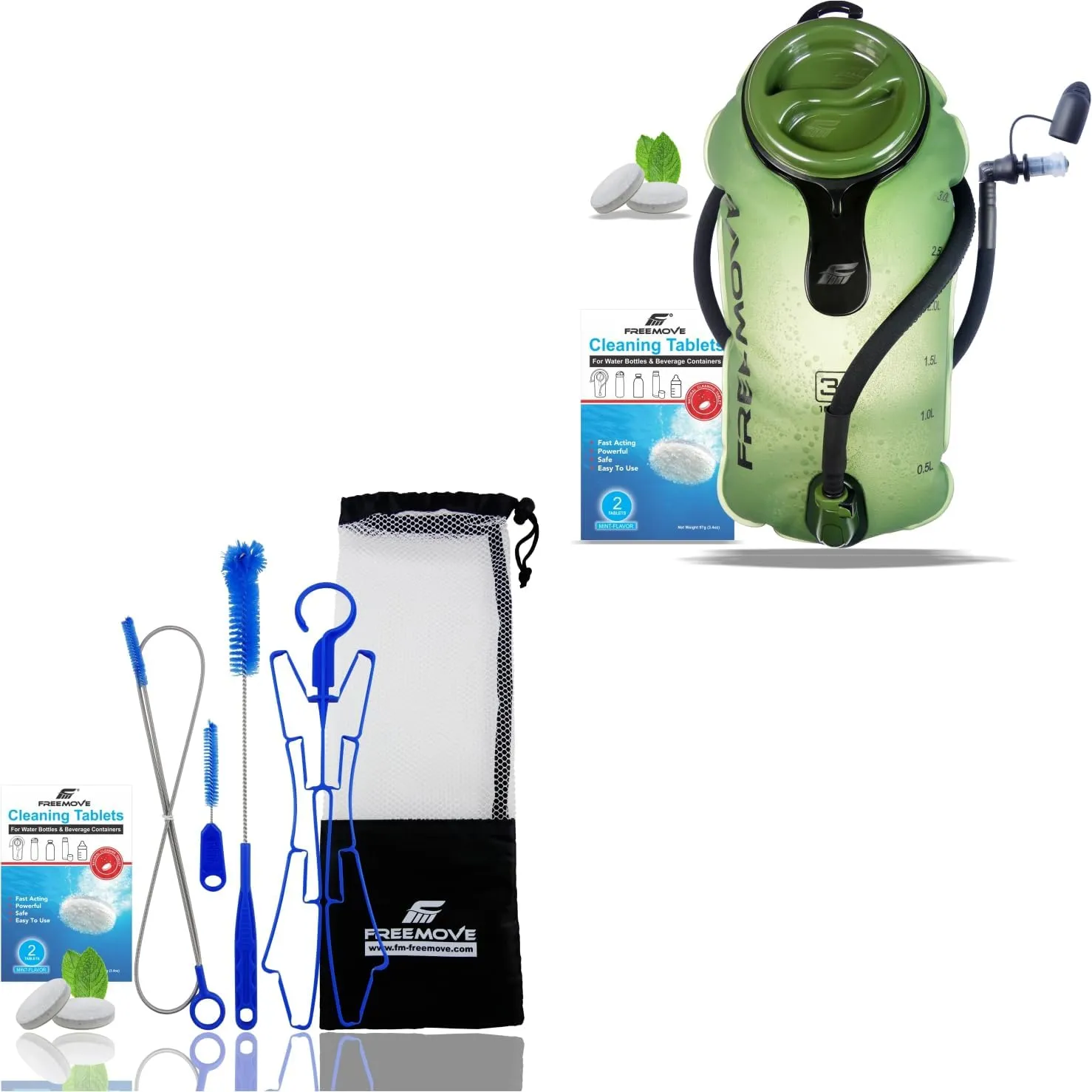 FREEMOVE Cleaning Kit 6in1 Blue   3L Hydration Bladder Green