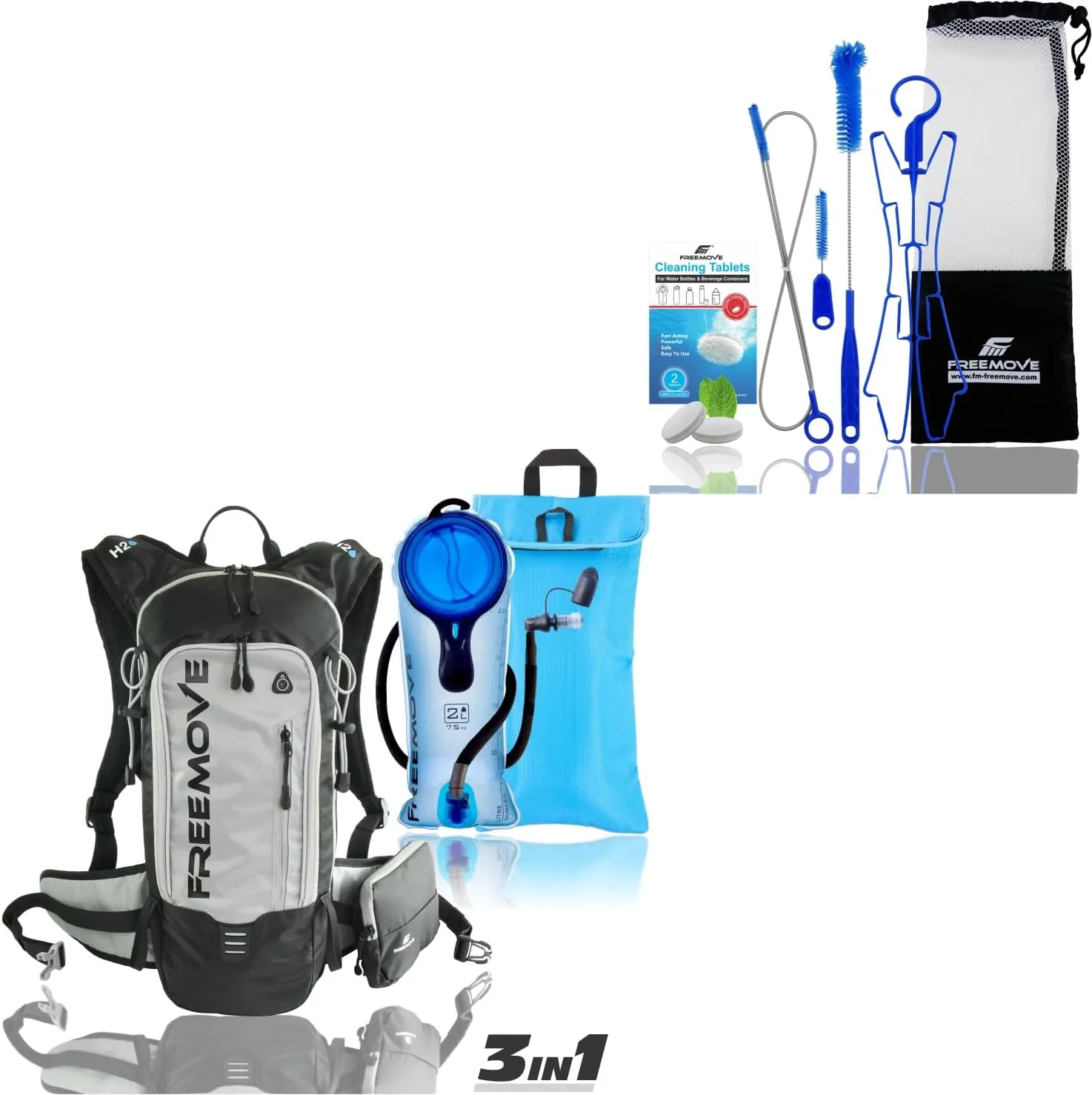 FREEMOVE Hydration Pack Backpack 3in1 - GRAY   Cleaning Kit 6in1 for Water Bladder