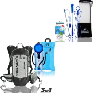 FREEMOVE Hydration Pack Backpack 3in1 - GRAY   Cleaning Kit 6in1 for Water Bladder