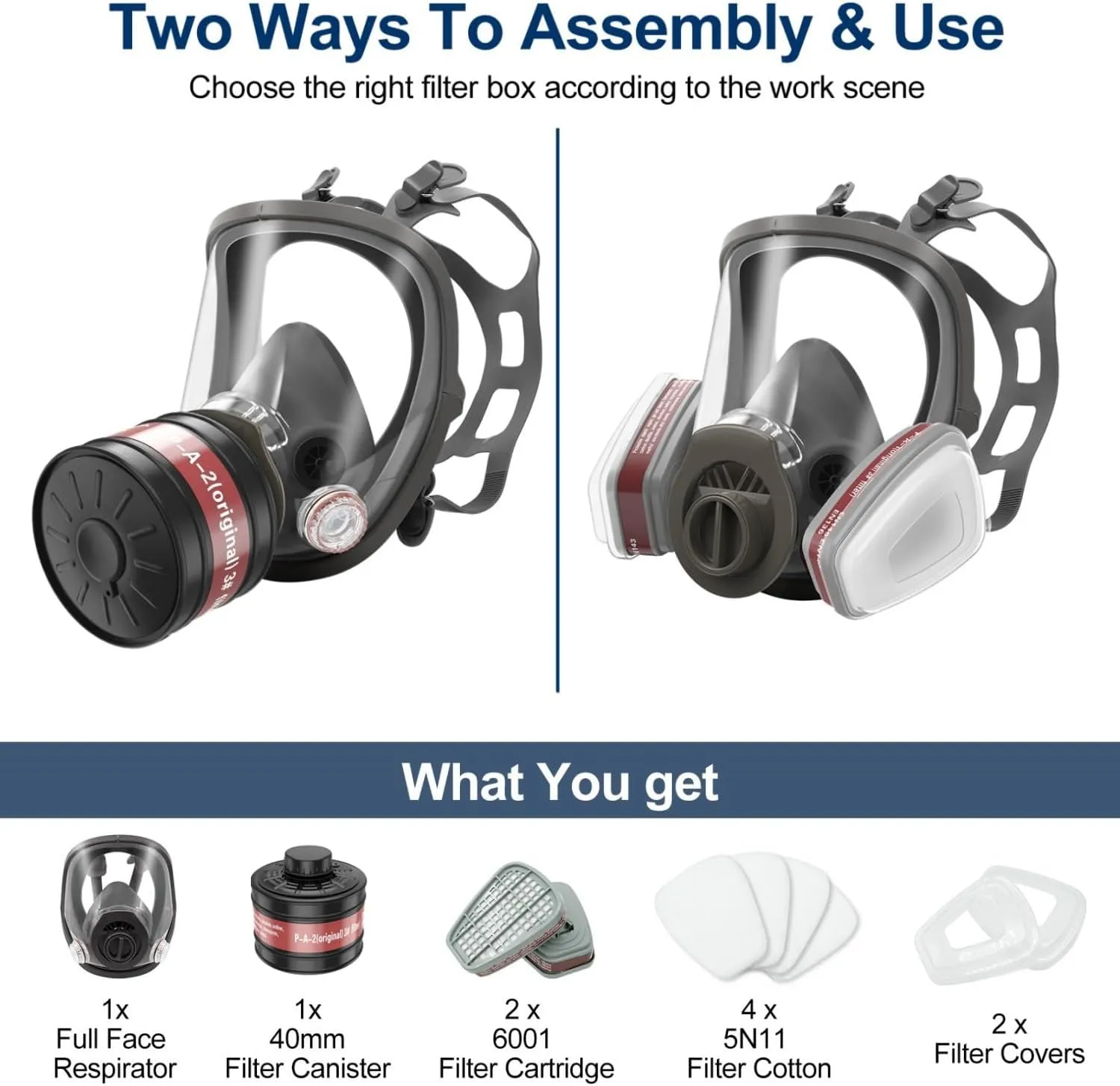 Full Face Gas Mask Survival Nuclear and Chemical with 40mm Activated Carbon Filter and 6001 Filter Chemical Gas Mask