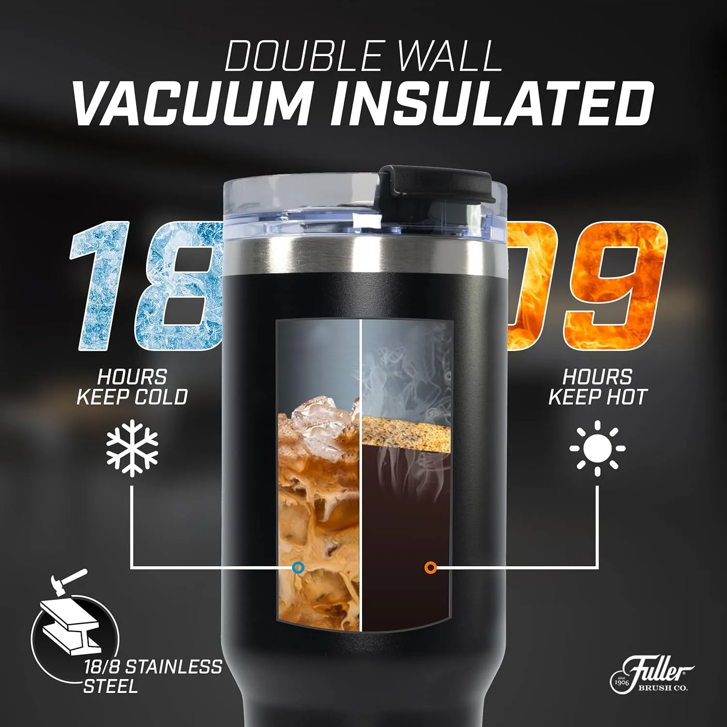 Fuller Brush Stainless Steel Tumbler with Handle - 40 oz. – Lead & BPA-Free - Double-Wall Insulated Travel Mug – Keeps Drinks Hot or Cold for Hours – Spill-Resistant Lid & Straw (Charcoal Gray)