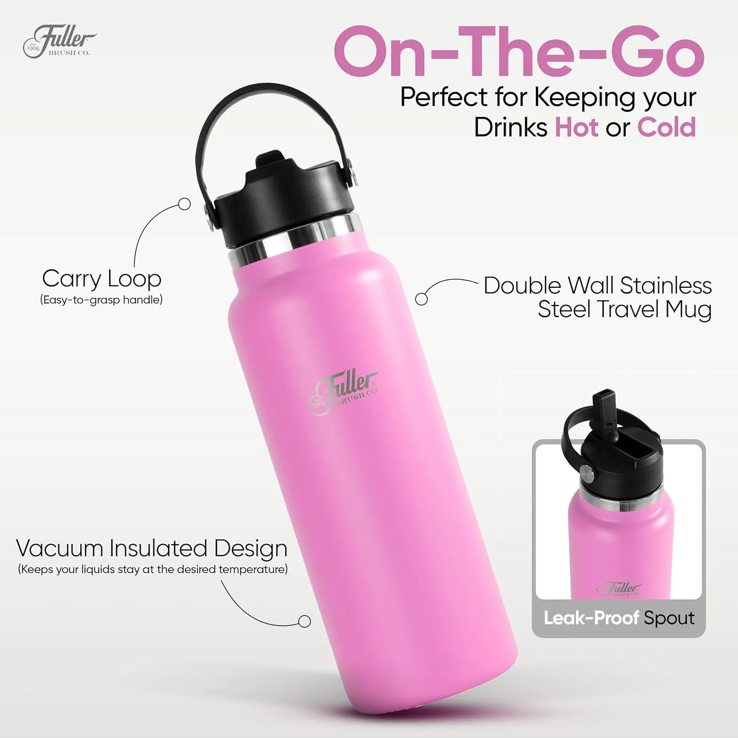 Fuller Stainless Steel Water Bottle with Straw Lid – BPA-Free, Sweat-Proof, Leak-Proof Travel Mug – Double Wall Insulated for Hot & Cold Drinks – Carry Handle (Bright Pink, 40 Oz.)