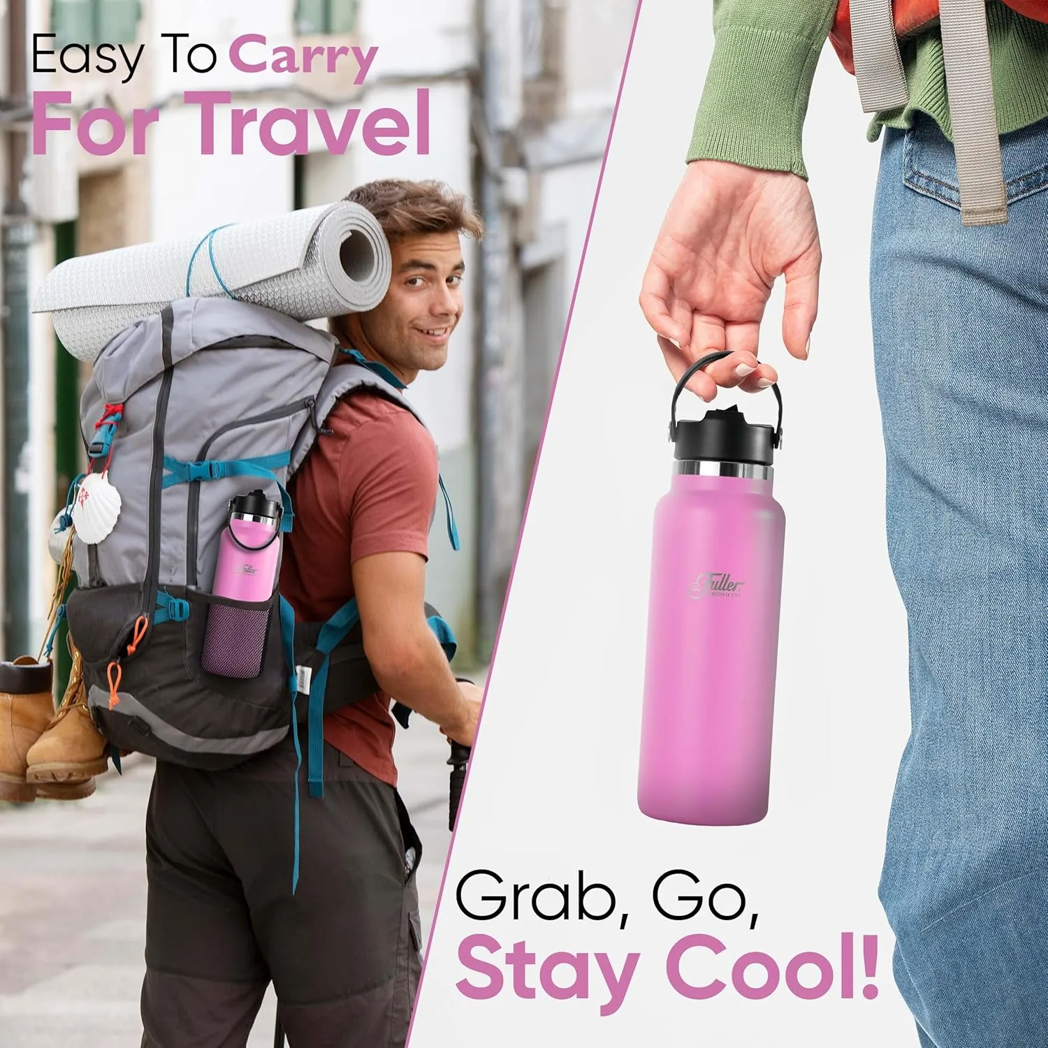 Fuller Stainless Steel Water Bottle with Straw Lid – BPA-Free, Sweat-Proof, Leak-Proof Travel Mug – Double Wall Insulated for Hot & Cold Drinks – Carry Handle (Bright Pink, 40 Oz.)