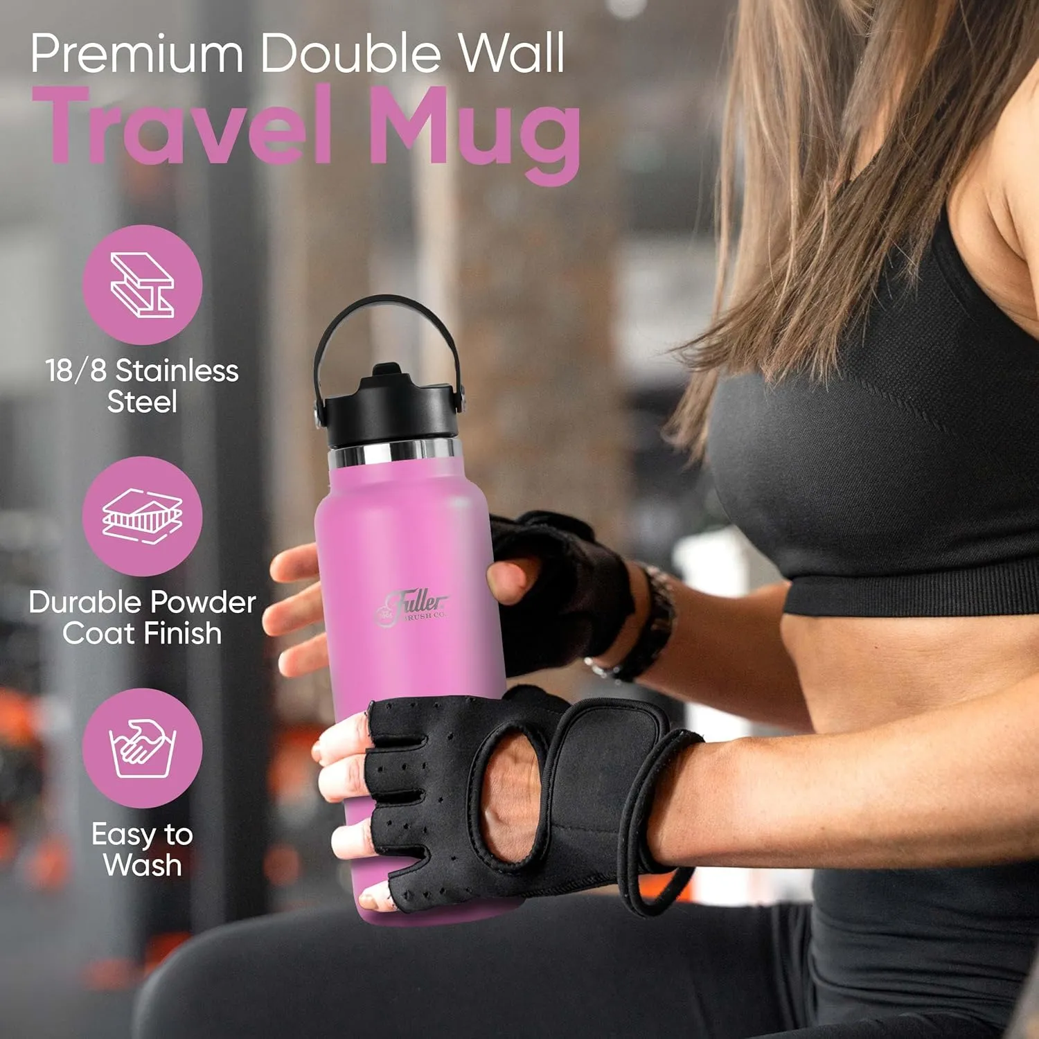 Fuller Stainless Steel Water Bottle with Straw Lid – BPA-Free, Sweat-Proof, Leak-Proof Travel Mug – Double Wall Insulated for Hot & Cold Drinks – Carry Handle (Bright Pink, 40 Oz.)