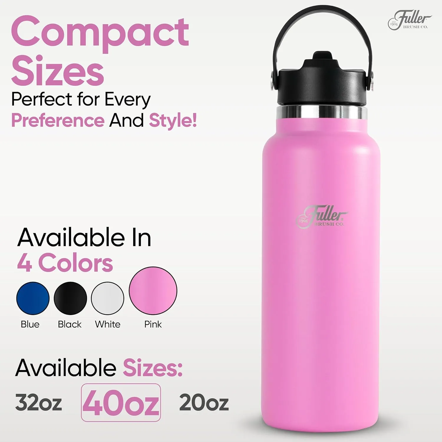 Fuller Stainless Steel Water Bottle with Straw Lid – BPA-Free, Sweat-Proof, Leak-Proof Travel Mug – Double Wall Insulated for Hot & Cold Drinks – Carry Handle (Bright Pink, 40 Oz.)