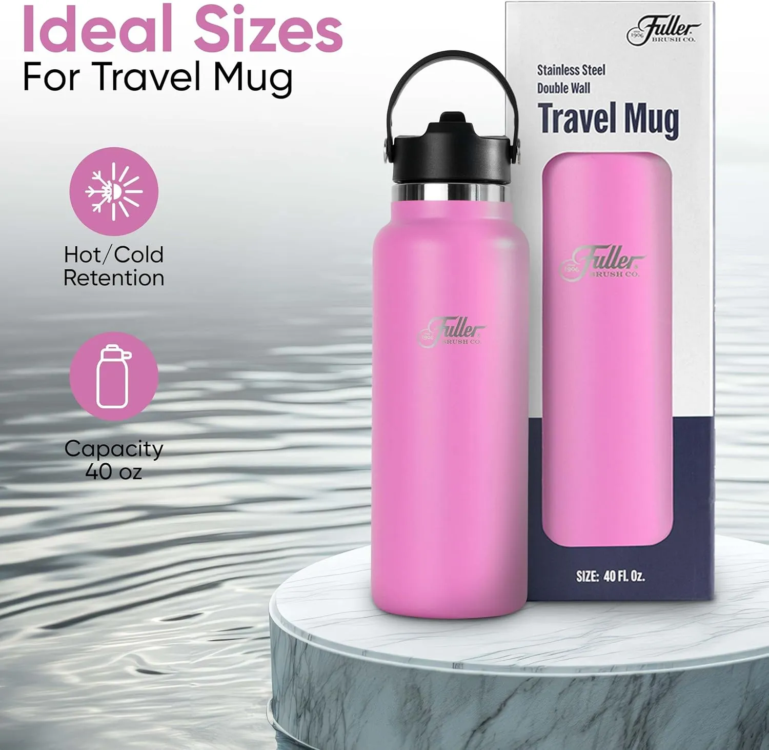 Fuller Stainless Steel Water Bottle with Straw Lid – BPA-Free, Sweat-Proof, Leak-Proof Travel Mug – Double Wall Insulated for Hot & Cold Drinks – Carry Handle (Bright Pink, 40 Oz.)