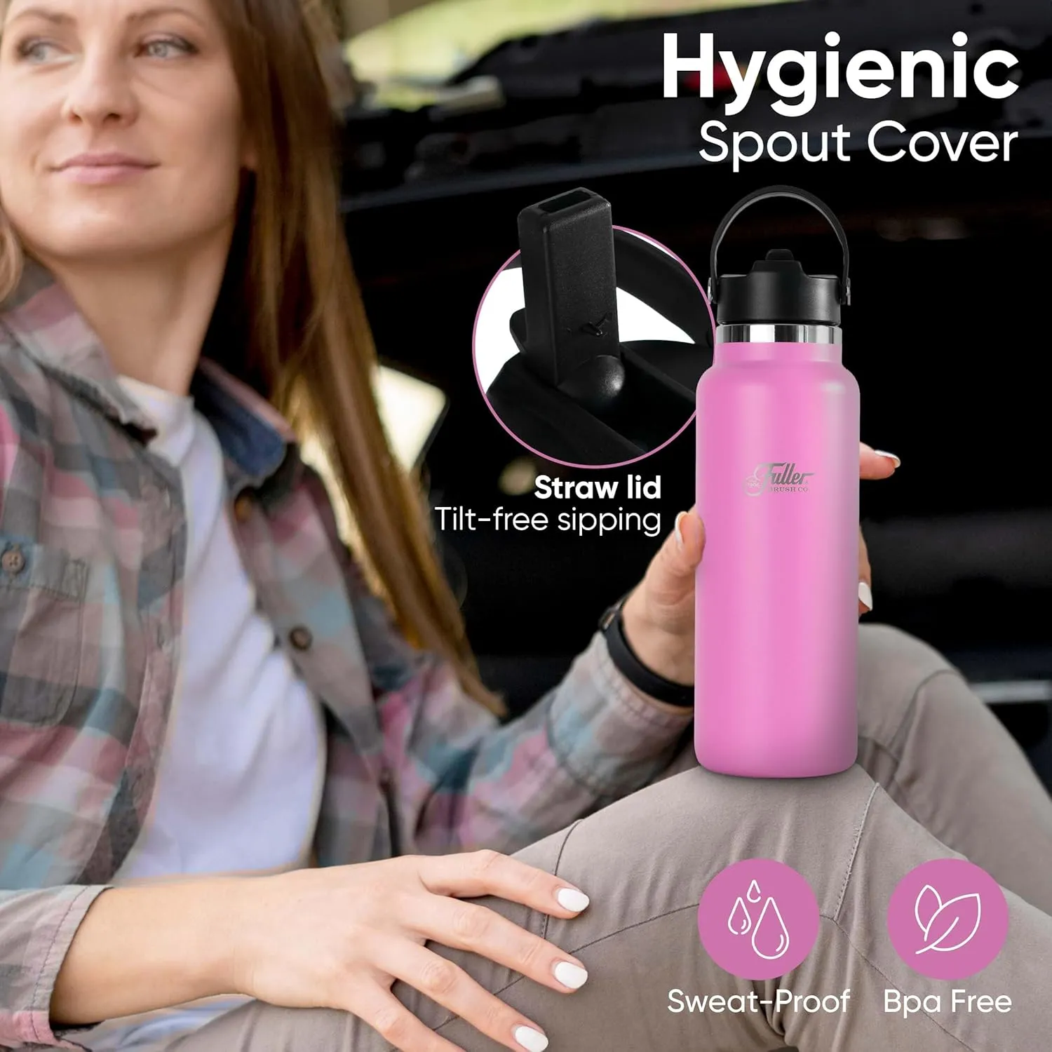 Fuller Stainless Steel Water Bottle with Straw Lid – BPA-Free, Sweat-Proof, Leak-Proof Travel Mug – Double Wall Insulated for Hot & Cold Drinks – Carry Handle (Bright Pink, 40 Oz.)