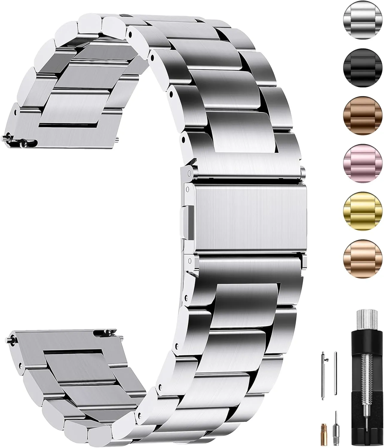 Fullmosa Watch Band, Quick Release Stainless Steel Replacement for Men Women, Metal Chain Watch Strap Width 16mm 18mm 19mm 20mm 22mm 24mm, Silver, 24mm