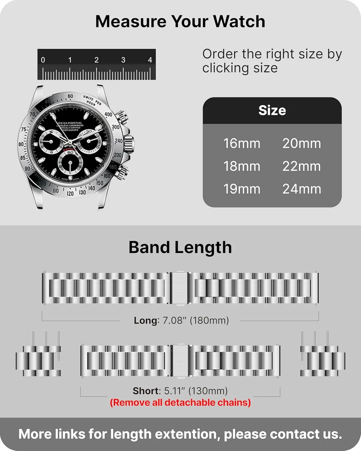 Fullmosa Watch Band, Quick Release Stainless Steel Replacement for Men Women, Metal Chain Watch Strap Width 16mm 18mm 19mm 20mm 22mm 24mm, Silver, 24mm