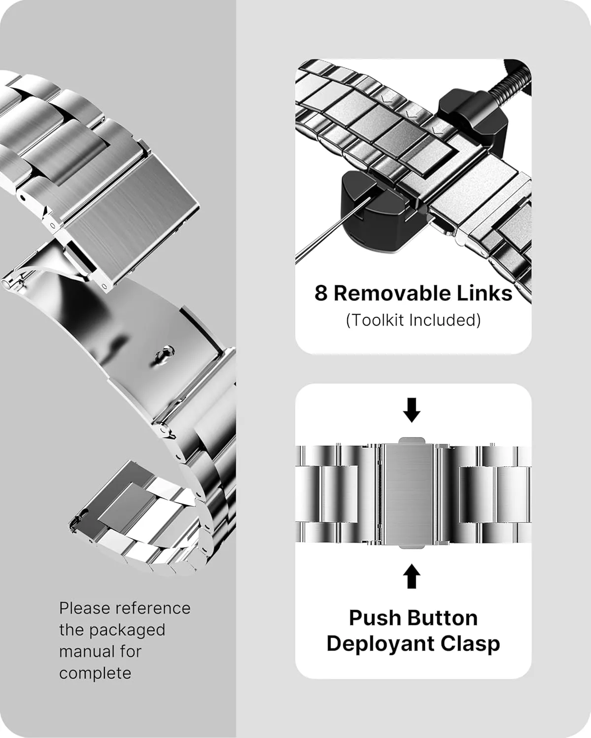 Fullmosa Watch Band, Quick Release Stainless Steel Replacement for Men Women, Metal Chain Watch Strap Width 16mm 18mm 19mm 20mm 22mm 24mm, Silver, 24mm