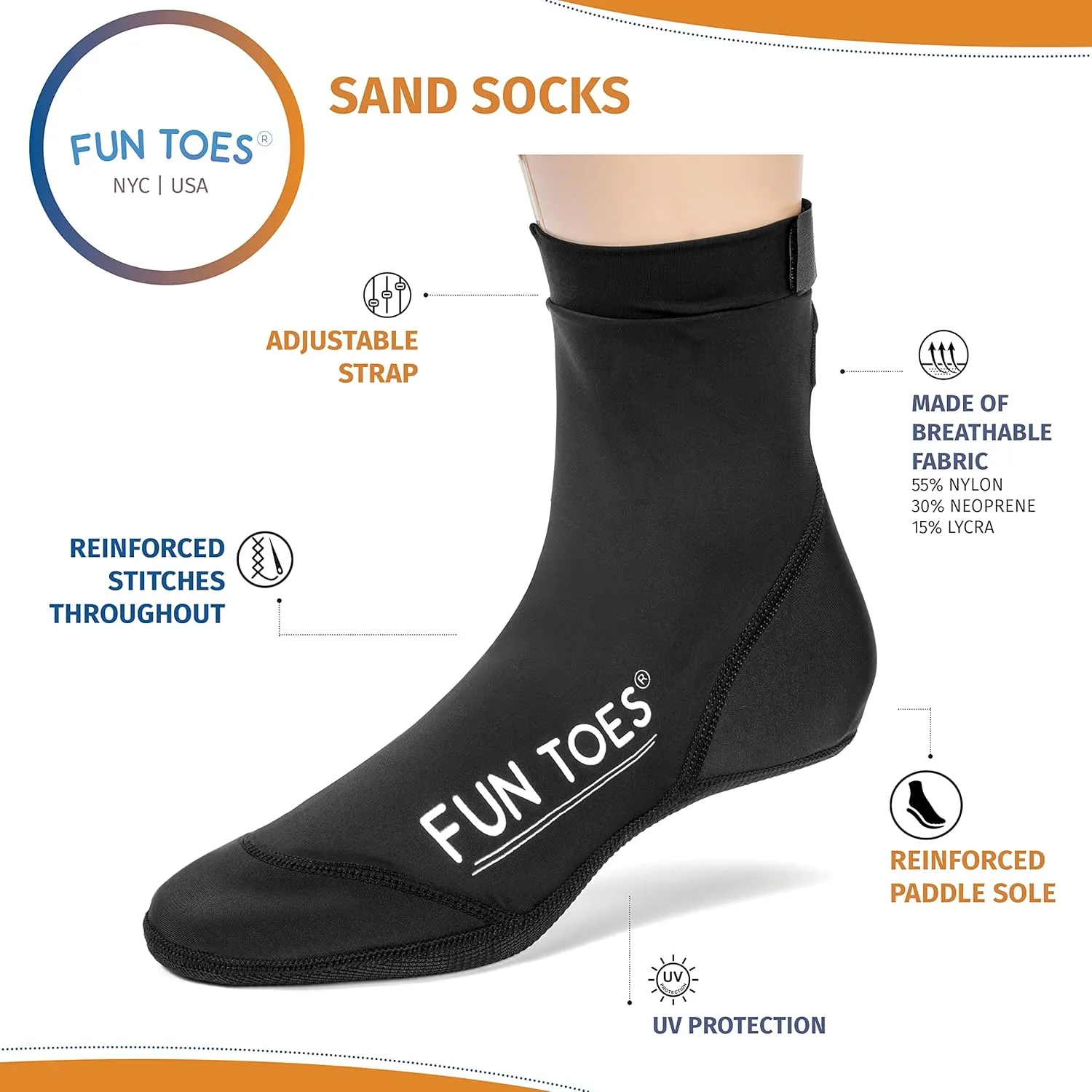 FUN TOES 2 Pairs Beach Socks for Volleyball Soccer, Camping, Rafting, Diving and all sand sports