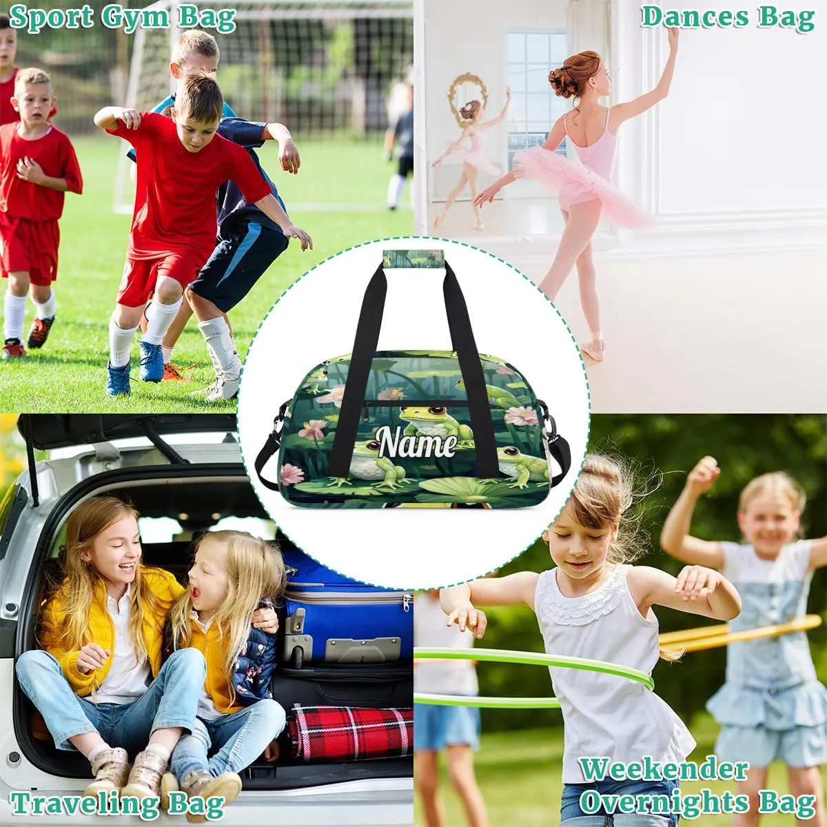Funny Frog Print Custom Name Sport Duffel Bag Dance Bag for Girls Teens Personalized Ballet Bag Gift for Birthday Christmas Helloween