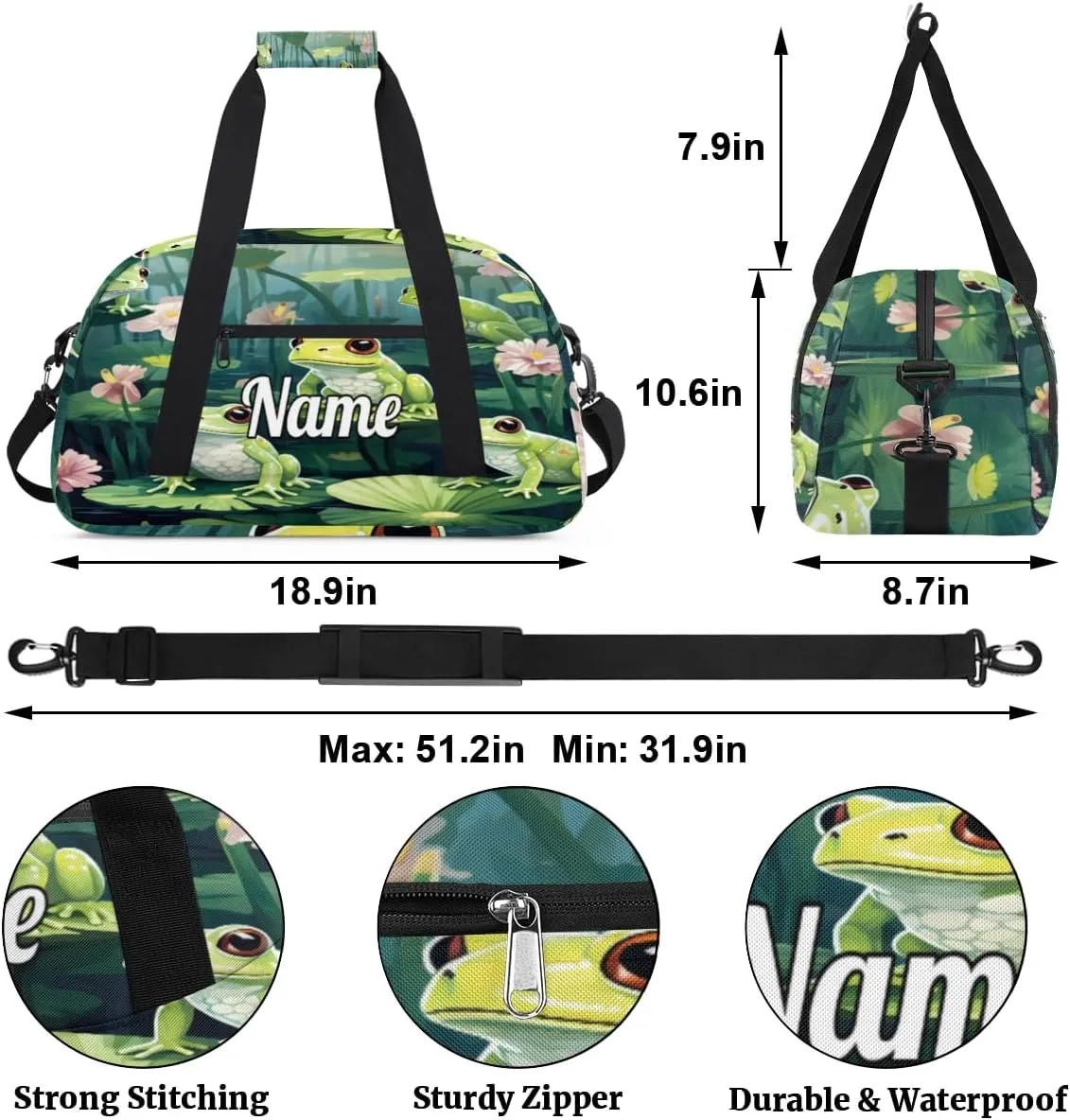 Funny Frog Print Custom Name Sport Duffel Bag Dance Bag for Girls Teens Personalized Ballet Bag Gift for Birthday Christmas Helloween