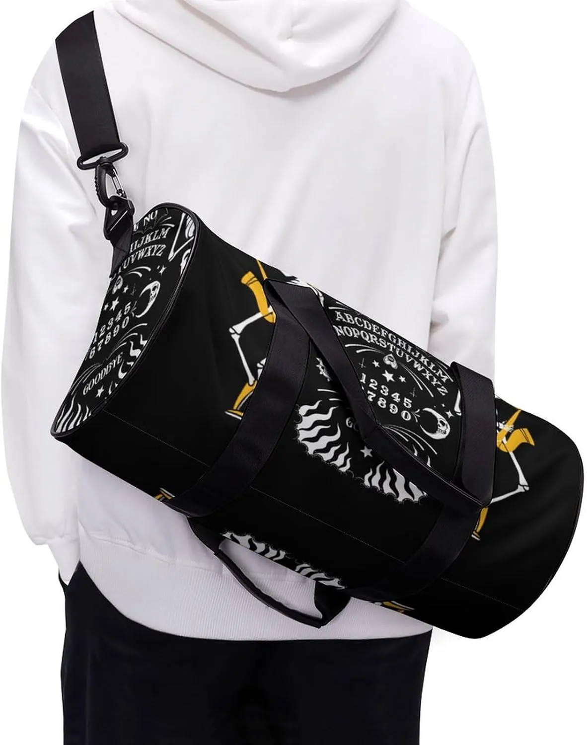 Funny Skeleton Spirit Board Sun Moon Goth Skull Black Large Capacity Cylindrical Fitness Bag, Hand-held Fitness Bag