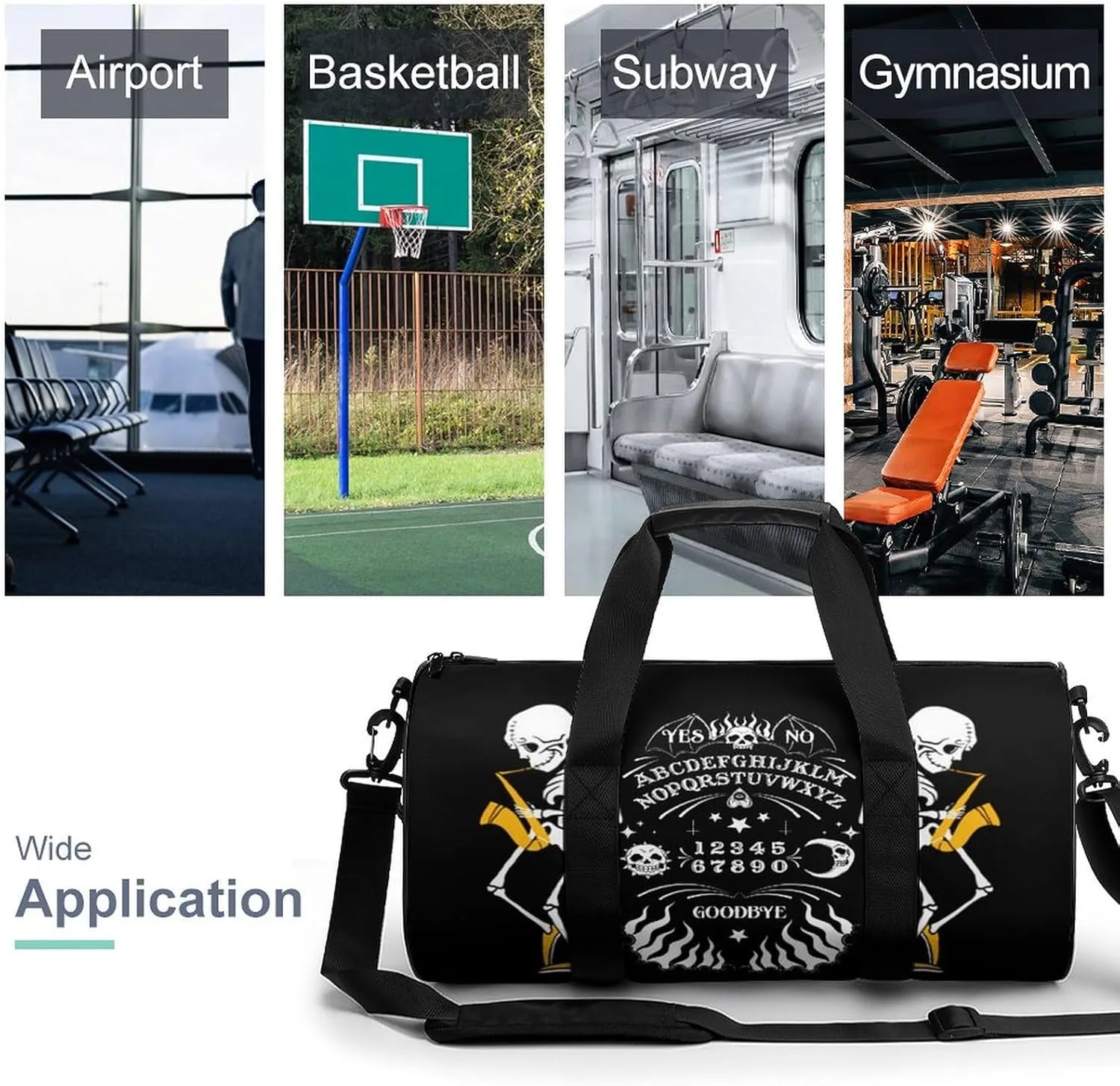 Funny Skeleton Spirit Board Sun Moon Goth Skull Black Large Capacity Cylindrical Fitness Bag, Hand-held Fitness Bag