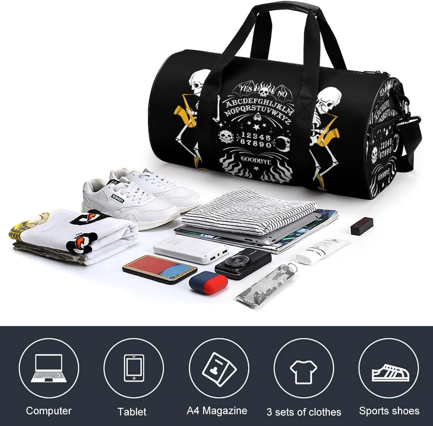 Funny Skeleton Spirit Board Sun Moon Goth Skull Black Large Capacity Cylindrical Fitness Bag, Hand-held Fitness Bag