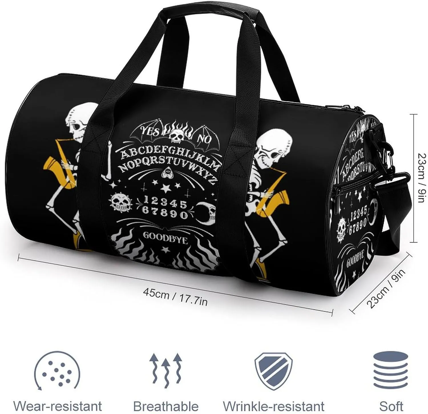 Funny Skeleton Spirit Board Sun Moon Goth Skull Black Large Capacity Cylindrical Fitness Bag, Hand-held Fitness Bag