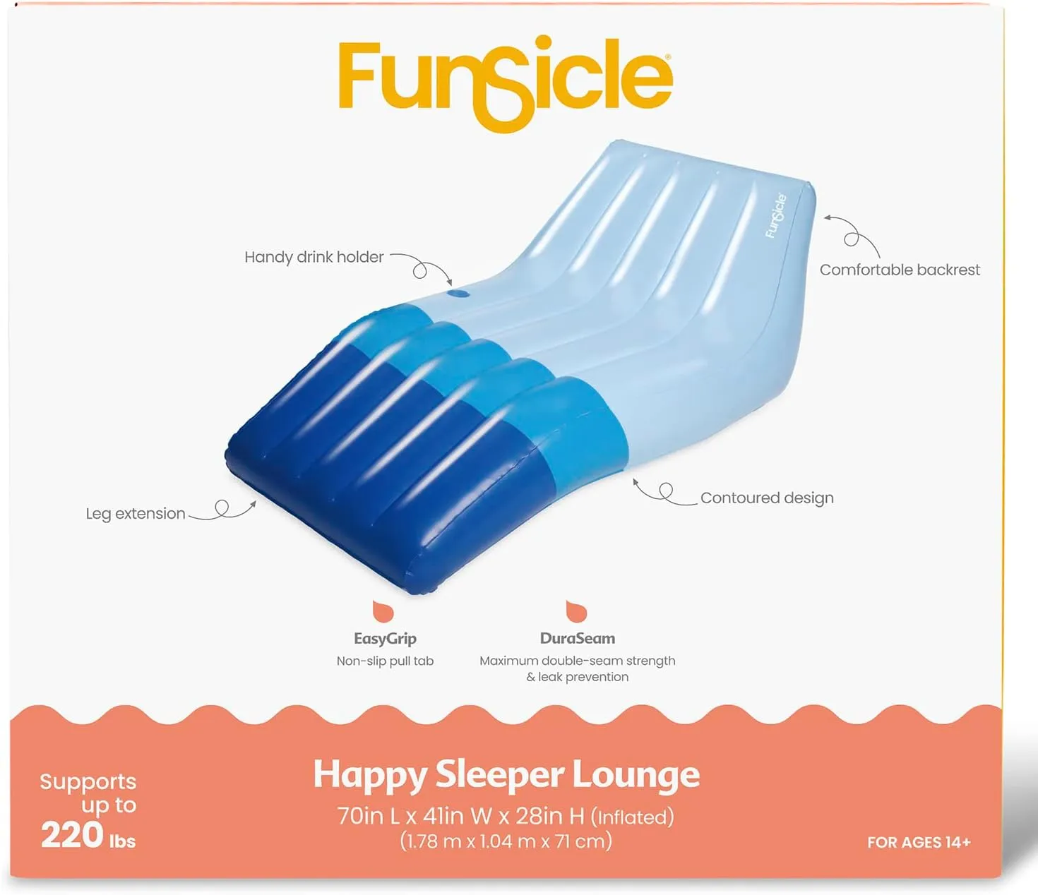 Funsicle 5.8 ft Happy Sleeper Inflatable Floating Lounge with Cup Holder