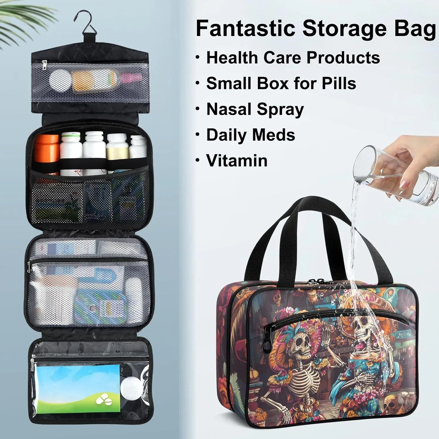 Fustylead Beautiful Skeleton Sister Enjoying Lives Large Medical Supplies Organizer Bag with Zipper Empty First Aid Bag Trauma Kit for Traveling Hiking Camping