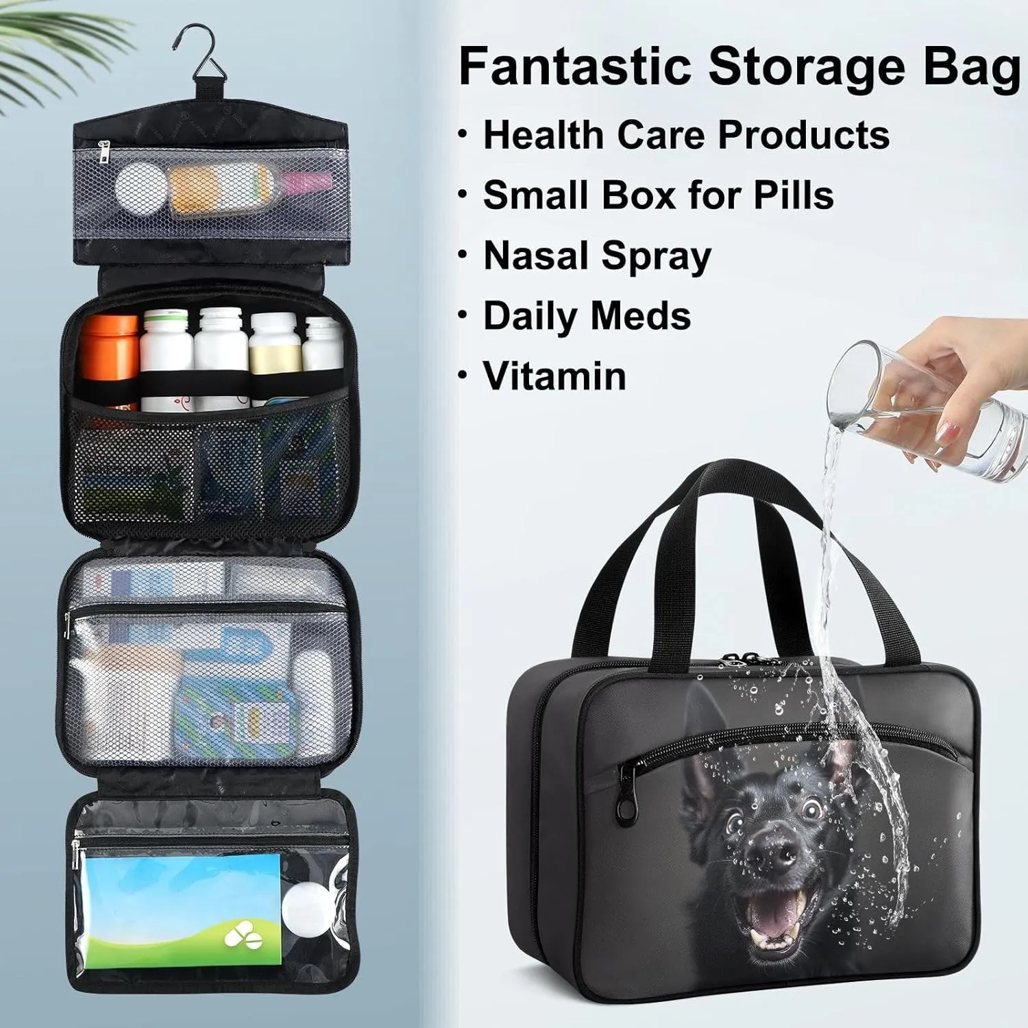 Fustylead Cute Black Dog Extreme Surprise Pill Organizer Bag Large Medicine Travel Carrying Case with Zipper for Vitamin Supplements Fish Oil, Empty First Aid Kit for Hiking Camping