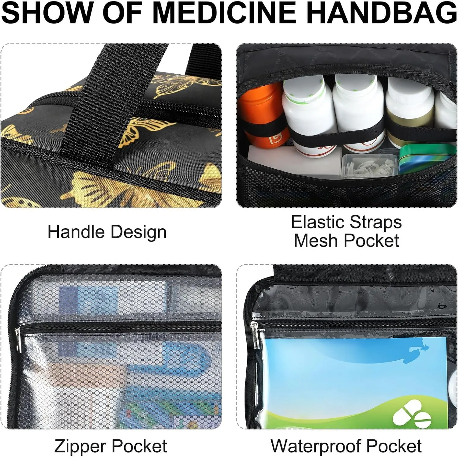 Fustylead Golden Butterflies on Dark Background Large Medical Supplies Organizer Bag with Zipper Empty First Aid Bag Trauma Kit for Traveling Hiking Camping