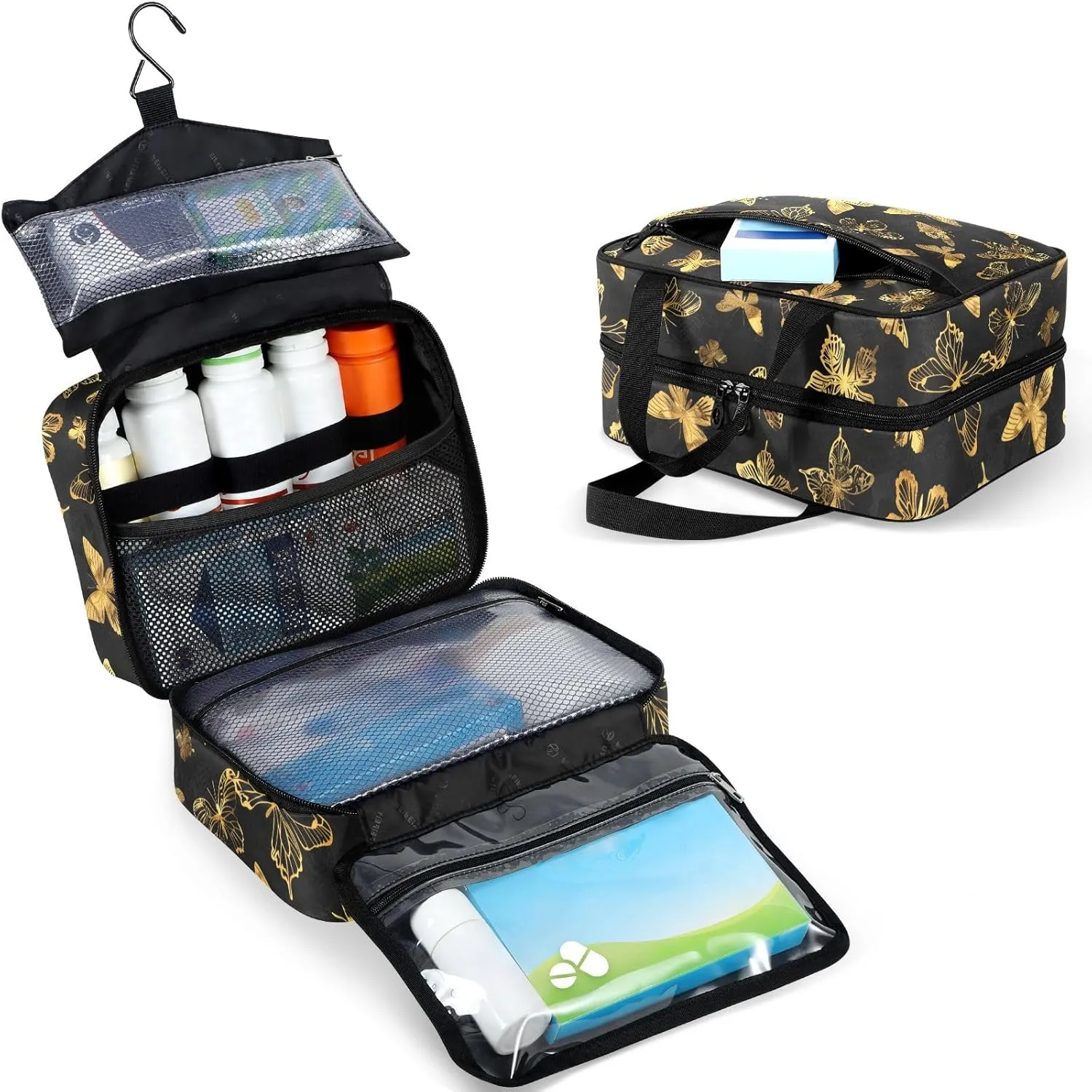 Fustylead Golden Butterflies on Dark Background Large Medical Supplies Organizer Bag with Zipper Empty First Aid Bag Trauma Kit for Traveling Hiking Camping