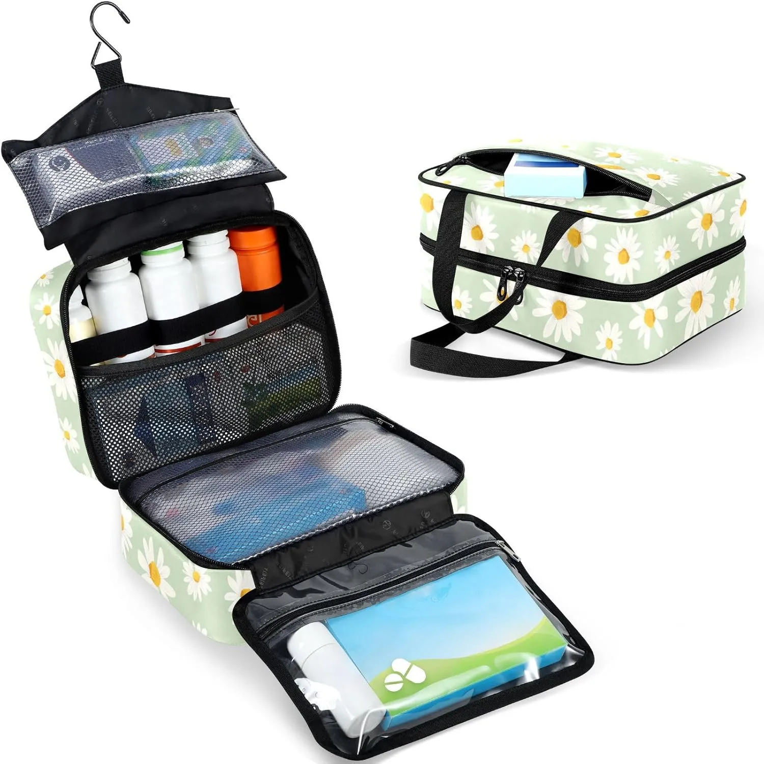 Fustylead Hand Draw Daisy on Light Green Background Large Medical Supplies Organizer Bag with Zipper Empty First Aid Bag Trauma Kit for Traveling Hiking Camping
