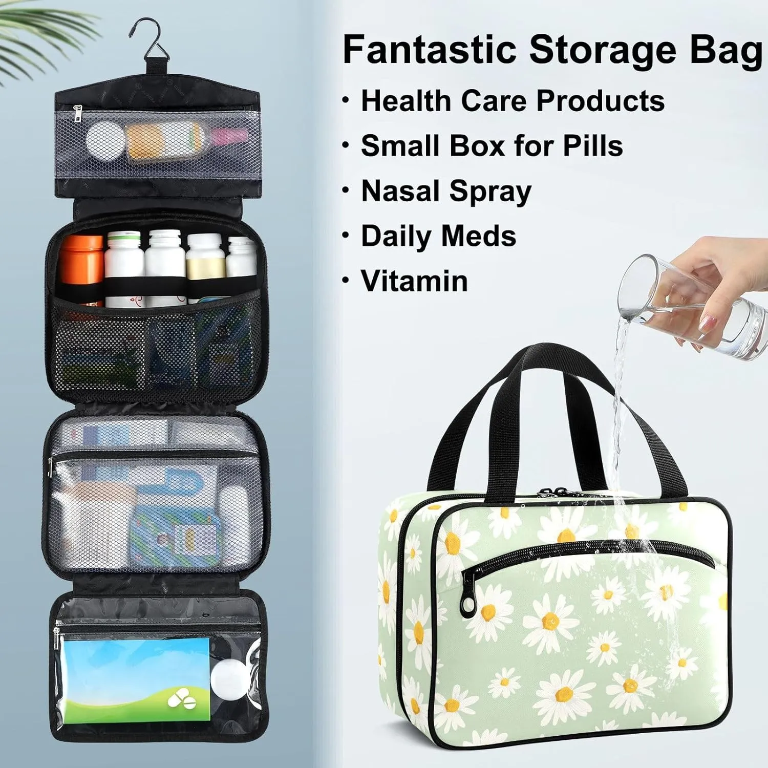 Fustylead Hand Draw Daisy on Light Green Background Large Medical Supplies Organizer Bag with Zipper Empty First Aid Bag Trauma Kit for Traveling Hiking Camping